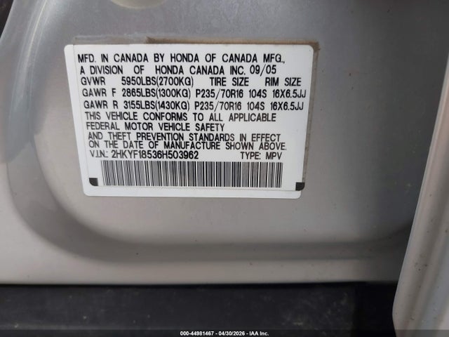 2006 Honda Pilot Ex-l მანქანა იყიდება აუქციონზე, vin: 2HKYF18536H503962, აუქციონის ნომერი: 44981467