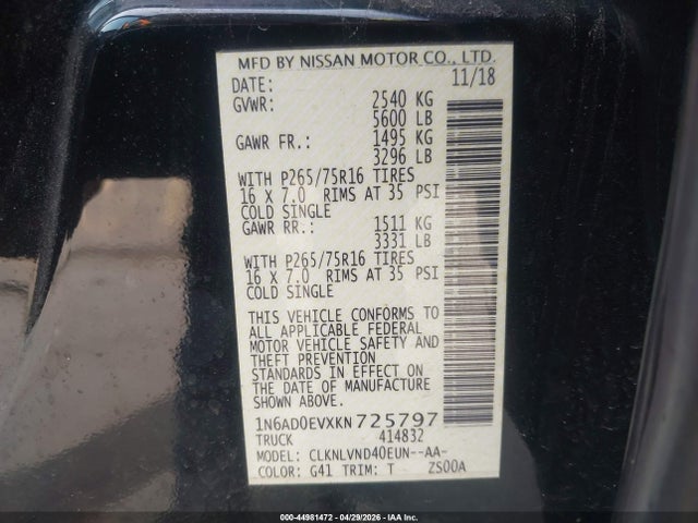 Продаж на аукціоні авто 2019 Nissan Frontier Pro-4x, vin: 1N6AD0EVXKN725797, номер лоту: 44981472