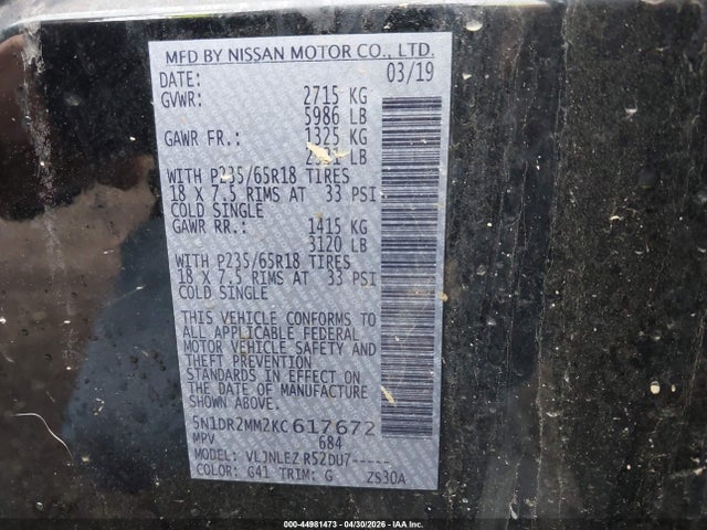Aukcja sprzedaży 2019 Nissan Pathfinder Sv, vin: 5N1DR2MM2KC617672, numer aukcji: 44981473