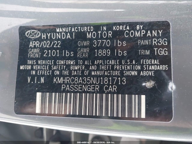 Aukcja sprzedaży 2022 Hyundai Venue Sel, vin: KMHRC8A35NU181713, numer aukcji: 44981477