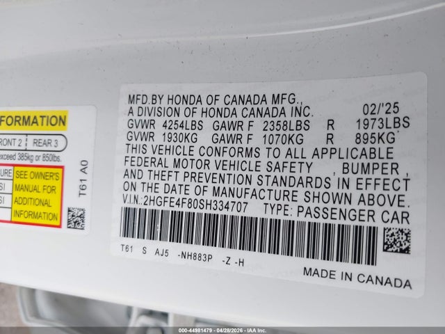 2025 Honda Civic Hybrid Sport/sport Touring მანქანა იყიდება აუქციონზე, vin: 2HGFE4F80SH334707, აუქციონის ნომერი: 44981479