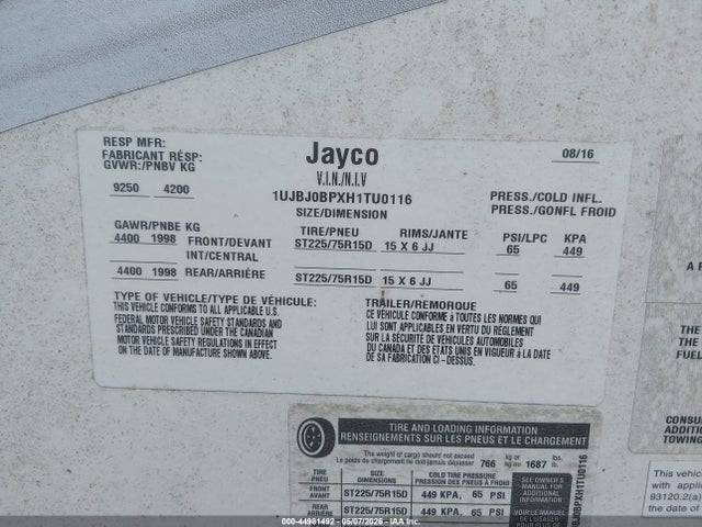 Продажа на аукционе авто 2017 Jayco 28ft, vin: 1UJBJ0BPXH1TU0116, номер лота: 44981492