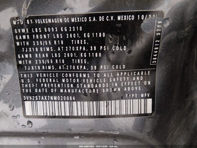 44981493 :رقم المزاد ، 3VV2B7AX7NM020064 vin ، 2022 Volkswagen Tiguan 2.0t Se مزاد بيع