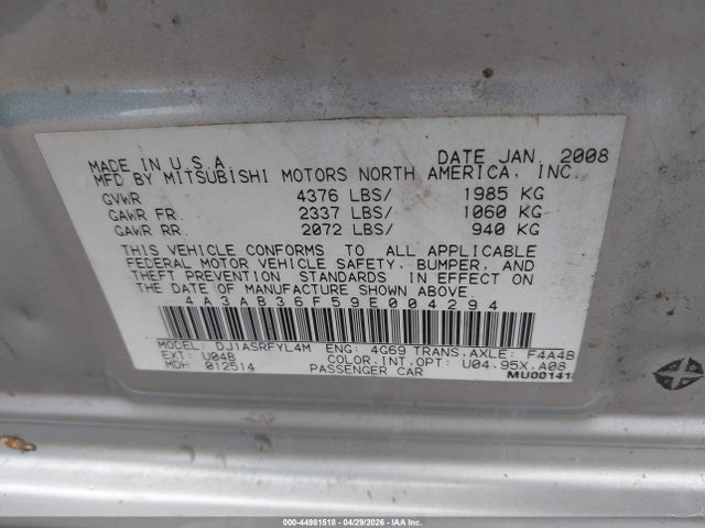 Продаж на аукціоні авто 2009 Mitsubishi Galant Es/sport Edition, vin: 4A3AB36F59E004294, номер лоту: 44981518