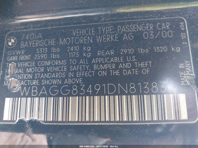 Продаж на аукціоні авто 2001 Bmw 740ia, vin: WBAGG83491DN81383, номер лоту: 44981523
