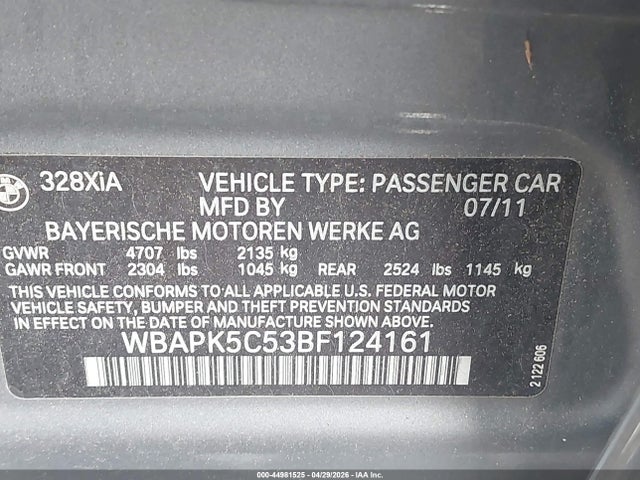 2011 Bmw 328i Xdrive მანქანა იყიდება აუქციონზე, vin: WBAPK5C53BF124161, აუქციონის ნომერი: 44981525