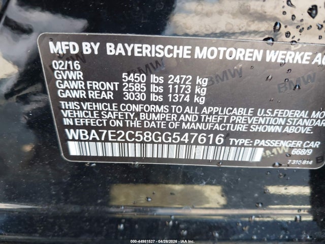 Aukcja sprzedaży 2016 Bmw 740i, vin: WBA7E2C58GG547616, numer aukcji: 44981527