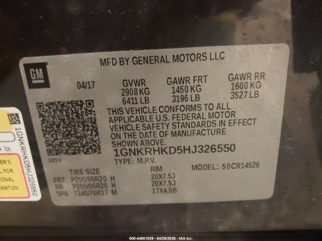 2017 Chevrolet Traverse 2lt მანქანა იყიდება აუქციონზე, vin: 1GNKRHKD5HJ326550, აუქციონის ნომერი: 44981529