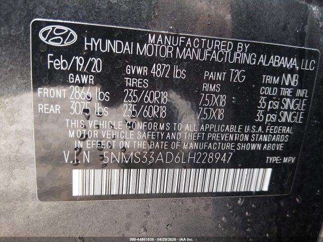 Продажа на аукционе авто 2020 Hyundai Santa Fe Sel, vin: 5NMS33AD6LH228947, номер лота: 44981535