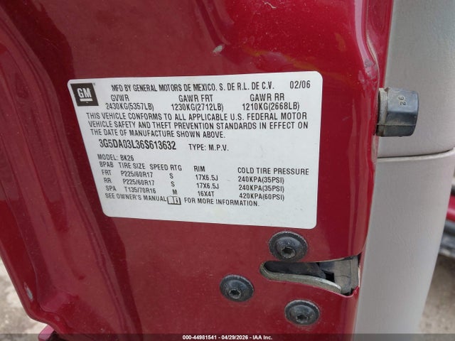 44981541 :رقم المزاد ، 3G5DA03L36S613632 vin ، 2006 Buick Rendezvous Cx مزاد بيع