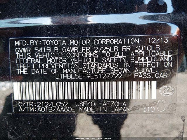 Aukcja sprzedaży 2014 Lexus Ls 460, vin: JTHBL5EF9E5127722, numer aukcji: 44981545