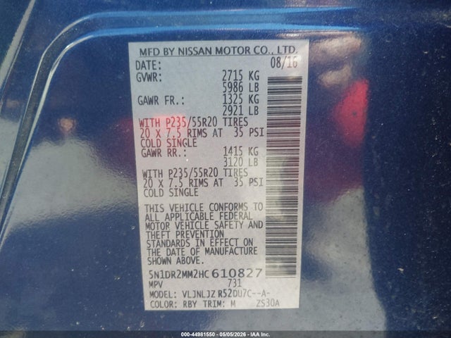 Aukcja sprzedaży 2017 Nissan Pathfinder Platinum, vin: 5N1DR2MM2HC610827, numer aukcji: 44981550