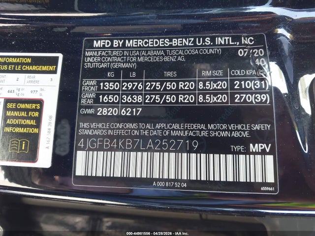 44981556 :رقم المزاد ، 4JGFB4KB7LA252719 vin ، 2020 Mercedes-benz Gle 350 4matic مزاد بيع