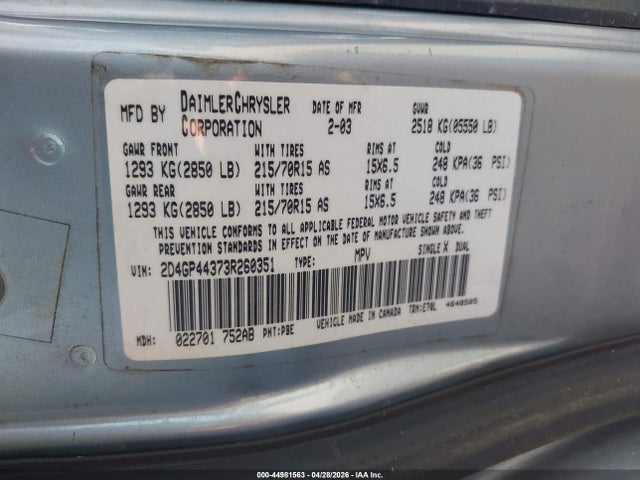 Aukcja sprzedaży 2003 Dodge Grand Caravan Sport, vin: 2D4GP44373R260351, numer aukcji: 44981563