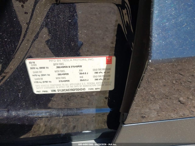 44981566 :رقم المزاد ، 5YJXCAE29GF004243 vin ، 2016 Tesla Model X 60d/70d/75d/90d مزاد بيع