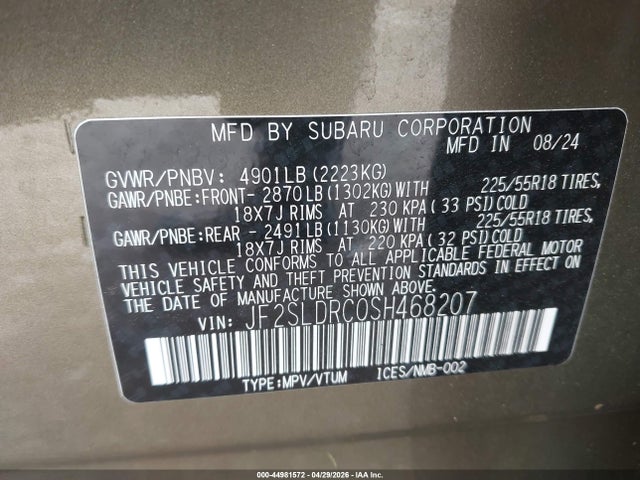 Aukcja sprzedaży 2025 Subaru Forester Limited, vin: JF2SLDRC0SH468207, numer aukcji: 44981572