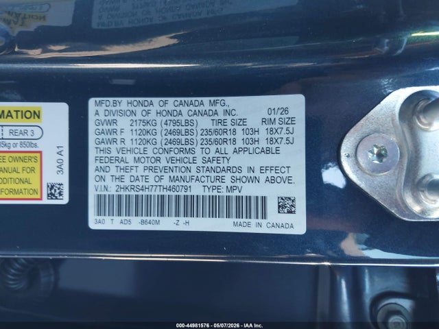 2HKRS4H77TH460791 Honda Cr-v Ex-l Awd