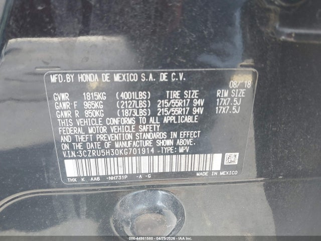 44981580 :رقم المزاد ، 3CZRU5H30KG701914 vin ، 2019 Honda Hr-v Lx مزاد بيع