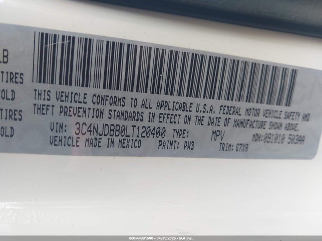 Aukcja sprzedaży 2020 Jeep Compass Latitude 4x4, vin: 3C4NJDBB0LT120400, numer aukcji: 44981588