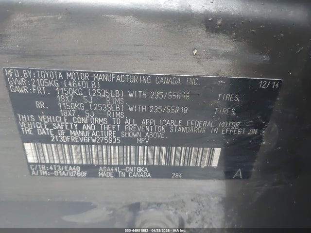 Продаж на аукціоні авто 2015 Toyota Rav4 Limited, vin: 2T3DFREV6FW275935, номер лоту: 44981592