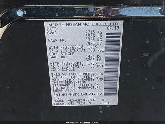 5N1DR2MN8KC647607 Nissan Pathfinder S