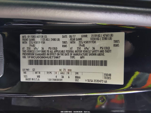 1FMCU0G90HUE73967 Ford ESCAPE SE