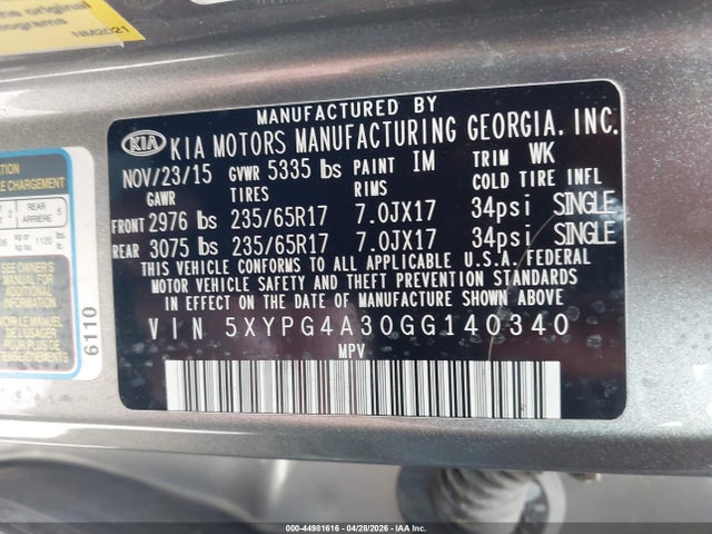 44981616 :رقم المزاد ، 5XYPG4A30GG140340 vin ، 2016 Kia Sorento 2.4l Lx مزاد بيع