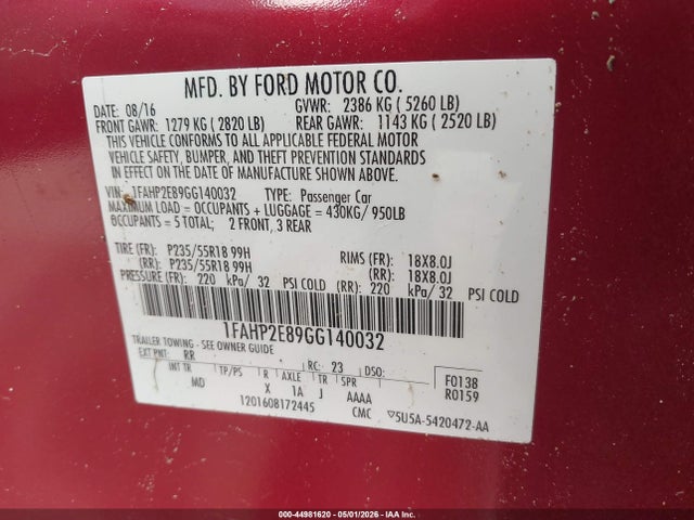 Aukcja sprzedaży 2016 Ford Taurus Sel, vin: 1FAHP2E89GG140032, numer aukcji: 44981620