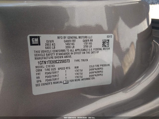 Продаж на аукціоні авто 2012 Gmc Sierra 1500 Work Truck, vin: 1GTN1TEX8CZ258373, номер лоту: 44981619