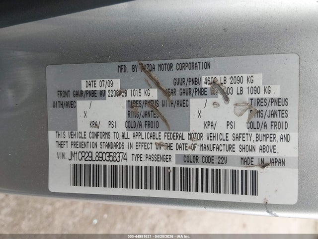 2009 Mazda Mazda5 Sport მანქანა იყიდება აუქციონზე, vin: JM1CR29L890358374, აუქციონის ნომერი: 44981621