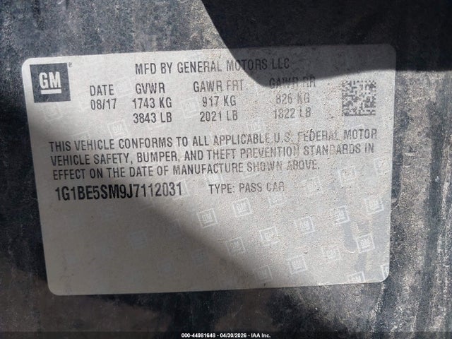 44981648 :رقم المزاد ، 1G1BE5SM9J7112031 vin ، 2018 Chevrolet Cruze Lt Auto مزاد بيع