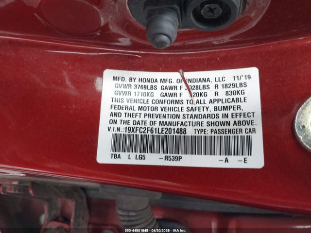 Aukcja sprzedaży 2020 Honda Civic Lx, vin: 19XFC2F61LE201488, numer aukcji: 44981649
