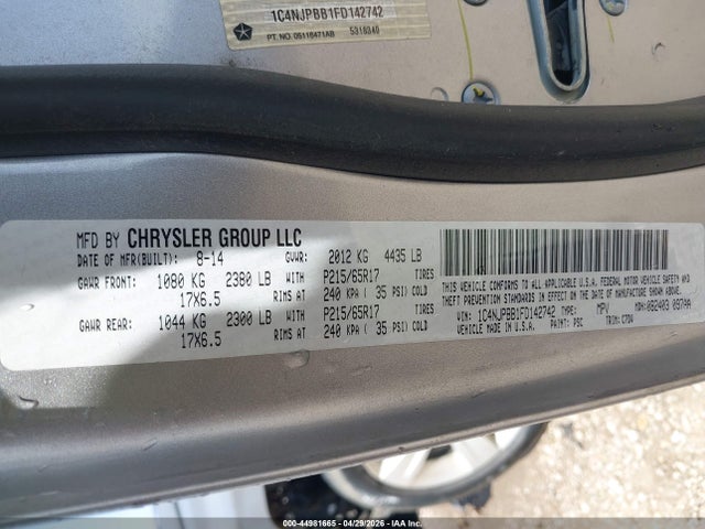 2015 Jeep Patriot Sport მანქანა იყიდება აუქციონზე, vin: 1C4NJPBB1FD142742, აუქციონის ნომერი: 44981665