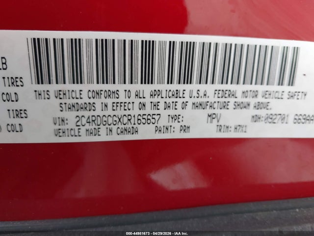 2012 Dodge Grand Caravan Sxt მანქანა იყიდება აუქციონზე, vin: 2C4RDGCGXCR165657, აუქციონის ნომერი: 44981673