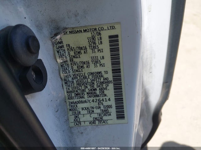 44981697 :رقم المزاد ، 1N6AD06U67C426414 vin ، 2007 Nissan Frontier Se مزاد بيع