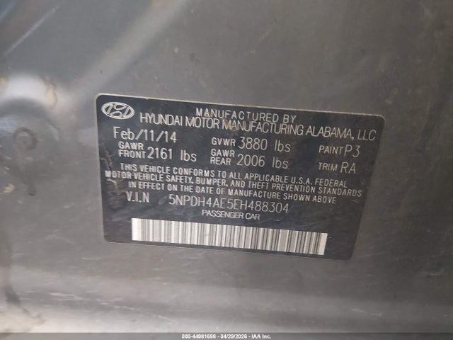 2014 Hyundai Elantra Limited მანქანა იყიდება აუქციონზე, vin: 5NPDH4AE5EH488304, აუქციონის ნომერი: 44981698