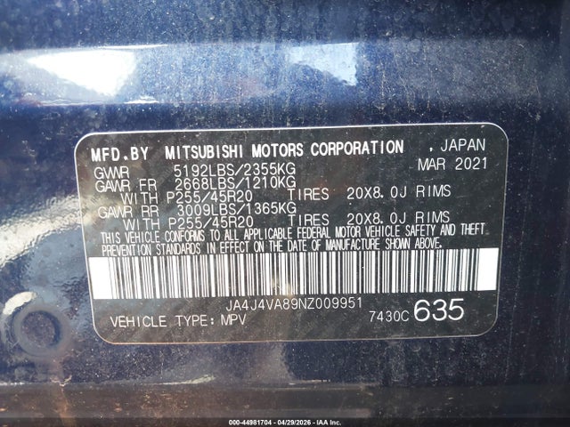 Aukcja sprzedaży 2022 Mitsubishi Outlander Sel 2.5 S-awc/sel Launch Edition S-awc/sel Special Edition S-awc, vin: JA4J4VA89NZ009951, numer aukcji: 44981704