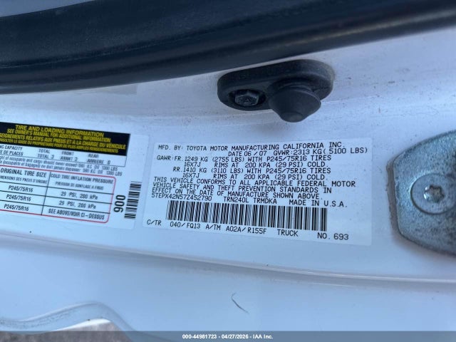 Aukcja sprzedaży 2007 Toyota Tacoma, vin: 5TEPX42N57Z452790, numer aukcji: 44981723