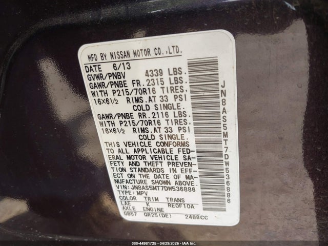 Aukcja sprzedaży 2013 Nissan Rogue S, vin: JN8AS5MT7DW536886, numer aukcji: 44981725