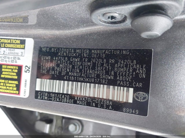 4T1B11HK5KU817182 Toyota CAMRY SE