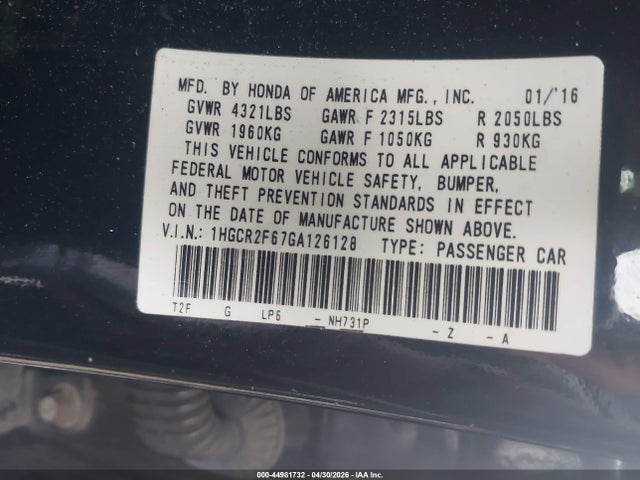 1HGCR2F67GA126128 Honda Accord Sport