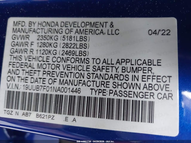 Aukcja sprzedaży 2022 Acura Tlx Type S, vin: 19UUB7F01NA001446, numer aukcji: 44981736