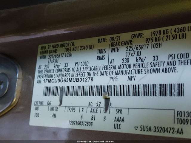 Aukcja sprzedaży 2021 Ford Escape Se, vin: 1FMCU0G63MUB01278, numer aukcji: 44981744
