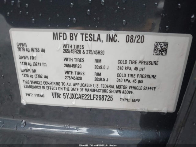 2020 Tesla Model X Long Range Dual Motor All-wheel Drive/long Range Plus Dual Motor All-wheel Drive მანქანა იყიდება აუქციონზე, vin: 5YJXCAE22LF298725, აუქციონის ნომერი: 44981749