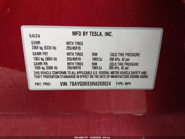 Продажа на аукционе авто 2024 Tesla Model Y Long Range Dual Motor All-wheel Drive, vin: 7SAYGDEE5RA269524, номер лота: 44981757