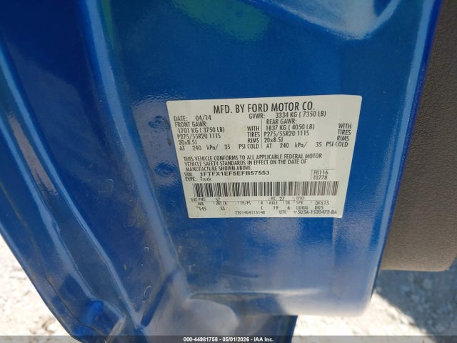 44981758 :رقم المزاد ، 1FTFX1EF5EFB57553 vin ، 2014 Ford F-150 Stx مزاد بيع