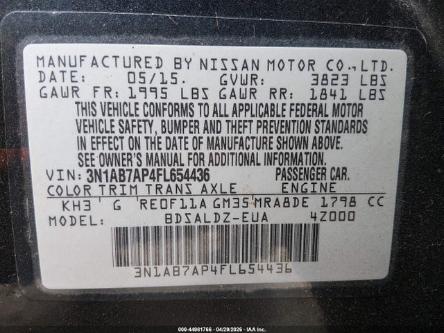 44981766 :رقم المزاد ، 3N1AB7AP4FL654436 vin ، 2015 Nissan Sentra Fe+ S/s/sl/sr/sv مزاد بيع