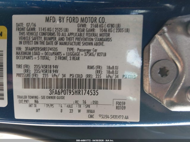 Aukcja sprzedaży 2017 Ford Fusion Se, vin: 3FA6P0T95HR174535, numer aukcji: 44981772