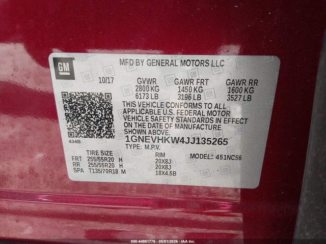 Auction sale of the 2018 Chevrolet Traverse 3lt, vin: 1GNEVHKW4JJ135265, lot number: 44981776
