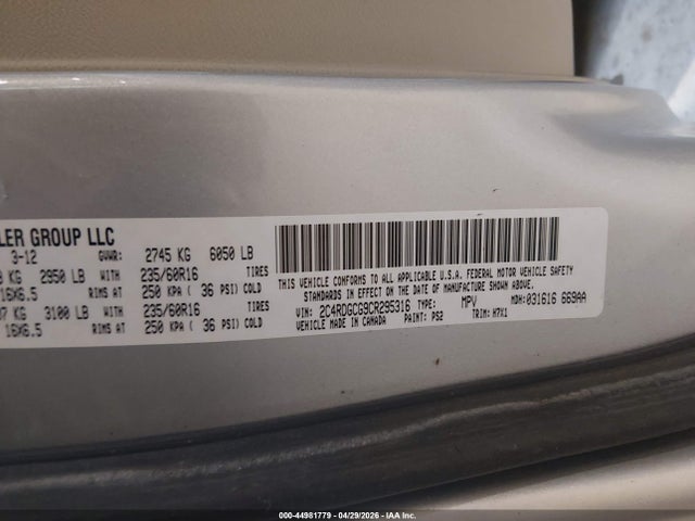 Aukcja sprzedaży 2012 Dodge Grand Caravan Sxt, vin: 2C4RDGCG9CR295316, numer aukcji: 44981779